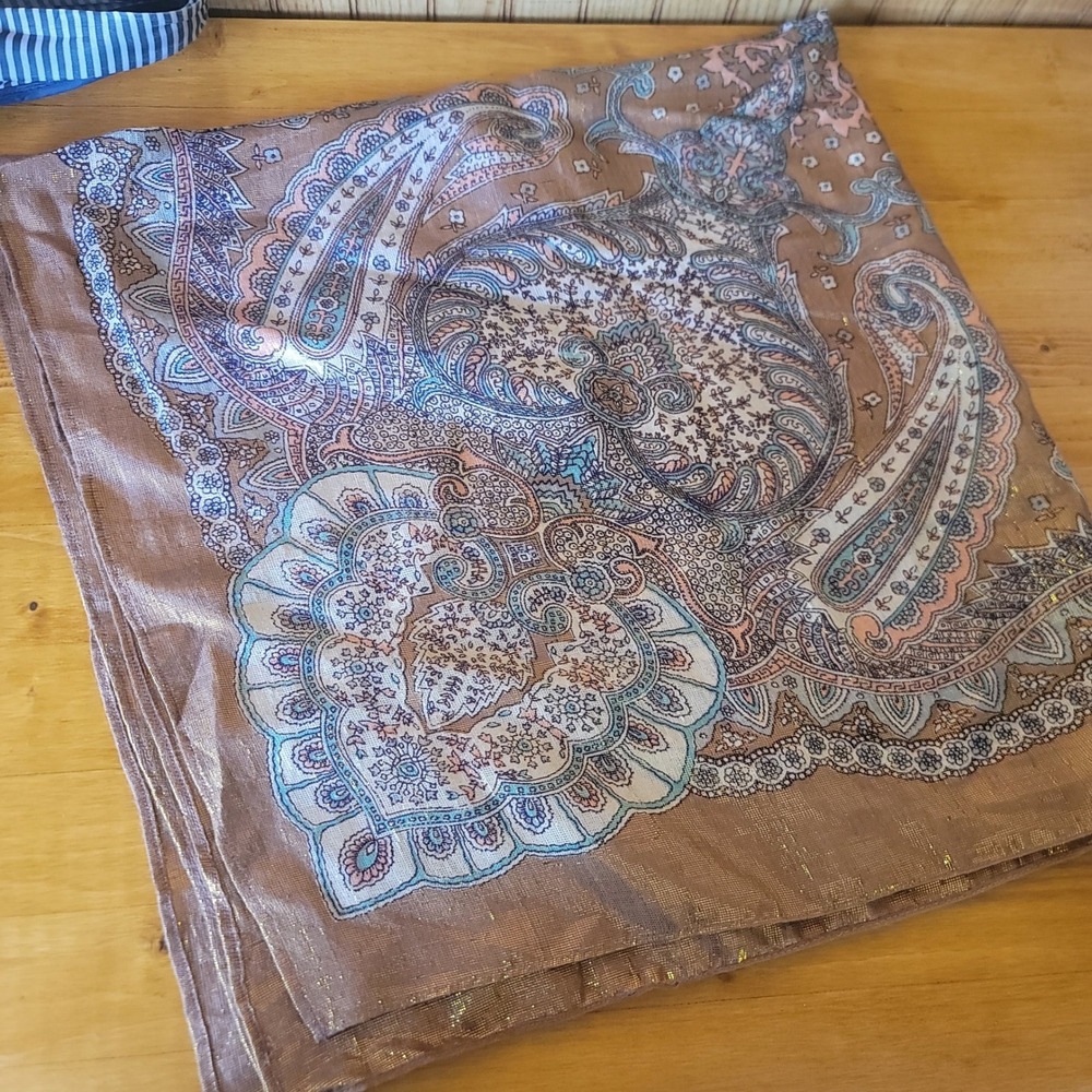 Glintex Paisley Scarf Shawl Wrap Brown Gold Metallic Accent Boho Chic